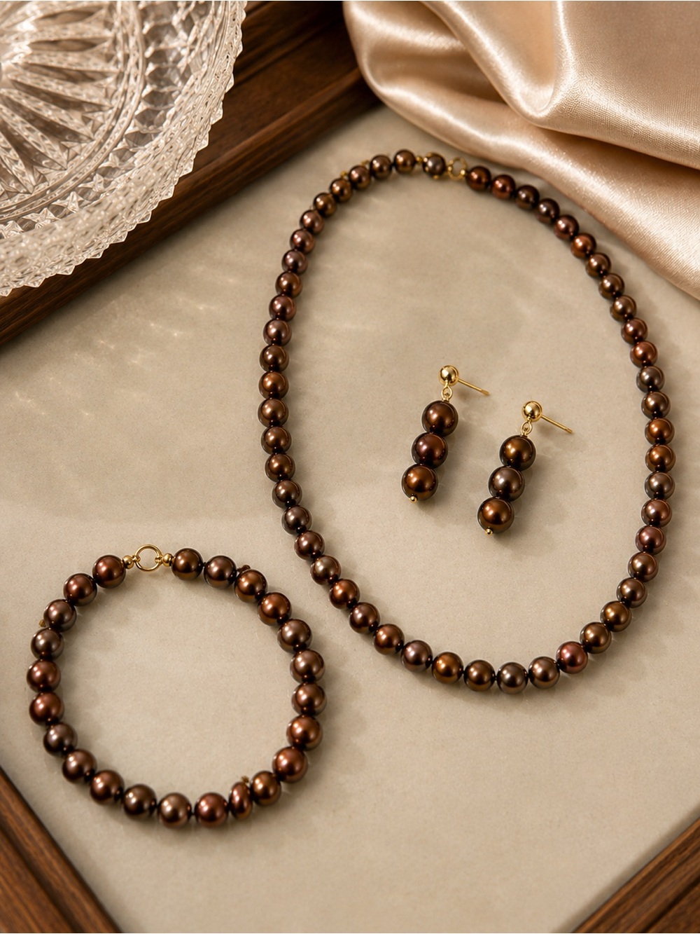 Freshwater Chocolate Pearl Jewelry Set 14K Gold Earrings Necklace Bracelet